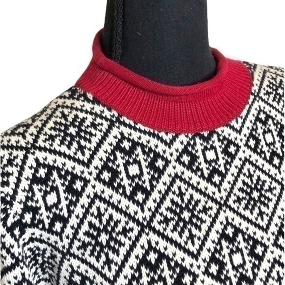 Talbots Black and White Nordic Fair Isle Snowflake Sweater with Red Fringe Small - Picture 2 of 9
